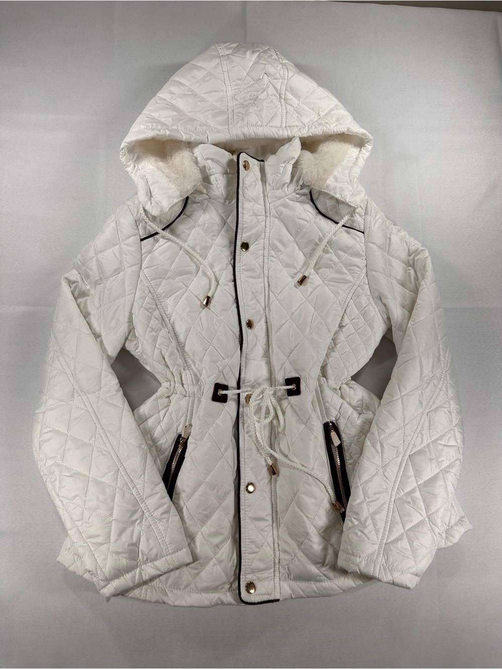 Haute Monde White Quilted Faux Fur Hooded Jacket M